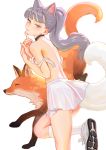  1girl animal back bangs bra choker fingernails fkey fox grey_hair highres kneehighs looking_at_viewer original ponytail purple_eyes sharp_fingernails skirt tail underwear white_bra white_legwear 