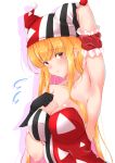  1girl absurdres arm_behind_head arm_garter armpits bangs black_gloves blonde_hair breasts charmant_(nanohana_linestamp) eyebrows_visible_through_hair flying_sweatdrops gloves hand_on_own_chest harlequin hat highres jester_cap large_breasts leotard long_hair looking_at_viewer nanohana_linestamp original red_eyes smile strapless strapless_leotard upper_body very_long_hair 