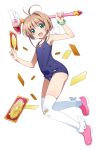  1girl :d antenna_hair bandaid bandaid_on_clothes bandaid_on_knee blue_swimsuit boots bracelet brown_hair card cardcaptor_sakura clow_card commentary_request full_body fuuin_no_tsue green_eyes hands_up highres holding holding_card holding_wand jewelry kinomoto_sakura looking_at_viewer magical_girl open_mouth pink_footwear school_swimsuit short_hair simple_background smile solo swimsuit thighhighs wand watanabe_akio white_background white_legwear 