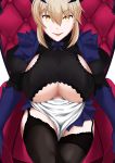  1girl absurdres artoria_pendragon_(all) artoria_pendragon_(lancer_alter) bangs black_legwear blonde_hair breasts chair english_commentary eyebrows_visible_through_hair fate/grand_order fate_(series) from_above garter_straps hair_between_eyes highres horns large_breasts looking_at_viewer open_mouth sideboob sidelocks thighhighs thighs underboob warden_jadol_9 yellow_eyes 