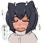  1girl animal_ears arai-san_mansion black_hair blush closed_eyes commentary crying eyebrows_visible_through_hair fur_collar furrowed_eyebrows giant_otter_(kemono_friends)_(kuro_(kurojill)) jacket kemono_friends madara_inosuke open_mouth otter_ears sad sharp_teeth short_hair simple_background snot sobbing solo speech_bubble tears teeth translated trembling upper_body 