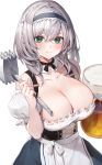  1girl alcohol apron bangs bare_shoulders beer beer_mug blush breasts cleavage collarbone dirndl german_clothes green_eyes grey_hair highres hololive large_breasts looking_at_viewer mole mole_on_breast oyu_(sijimisizimi) puffy_short_sleeves puffy_sleeves shirogane_noel short_hair short_sleeves simple_background smile solo virtual_youtuber waist_apron white_background 