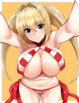  1girl armpits bikini blonde_hair breasts closed_mouth cocq_taichou criss-cross_halter earrings fate/grand_order fate_(series) green_eyes halterneck huge_breasts jewelry long_hair navel nero_claudius_(fate)_(all) nero_claudius_(swimsuit_caster)_(fate) outstretched_arms side-tie_bikini smile solo striped striped_bikini sunlight swimsuit twintails yellow_background 