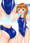  1girl aqua_eyes ass ass_visible_through_thighs baba_konomi blue_sky blue_swimsuit braid brown_hair cloud competition_swimsuit contrapposto covered_navel cowboy_shot highleg highleg_swimsuit highres idolmaster idolmaster_million_live! long_hair multiple_views naka_ushiro one-piece_swimsuit single_braid sky smile standing swimsuit whistle whistle_around_neck 