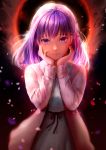  1girl akinashe bangs black_ribbon breasts commentary_request dress fate/stay_night fate_(series) hair_ribbon heaven&#039;s_feel highres jacket long_hair long_sleeves looking_at_viewer matou_sakura pink_jacket pink_ribbon purple_eyes purple_hair ribbon smile solo white_dress 