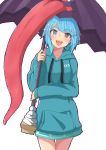  1girl :p alternate_costume arm_across_waist arm_up blue_eyes blue_hoodie blush bright_pupils drawstring eyebrows_visible_through_hair head_tilt heterochromia highres holding holding_umbrella hood hood_down hoodie karakasa_obake long_sleeves looking_at_viewer mizune_(winter) red_eyes short_hair simple_background solo sparkle standing tatara_kogasa tongue tongue_out touhou umbrella upper_teeth white_background white_pupils 