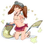  1girl alternate_costume bangs bare_shoulders bikini blush brown_hair collarbone commentary_request eyebrows_visible_through_hair fang flat_chest full_body hand_up highres index_finger_raised kantai_collection kneeling long_hair looking_at_viewer micro_bikini navel onmyouji pointing ryuujou_(kantai_collection) sandals sarong scroll shikigami smile solo swimsuit transparent_background twintails uniskie visor_cap 