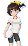  1girl alternate_hairstyle arm_behind_back ball bangs bike_shorts black_shorts bow brown_eyes brown_hair closed_mouth commentary_request cowboy_shot eyebrows_visible_through_hair girls_und_panzer gym_shirt gym_uniform hair_bow hair_up hand_on_hip highres holding holding_ball isobe_noriko looking_at_viewer partial_commentary shadow shirt short_hair short_ponytail short_sleeves shorts simple_background smile solo standing t-shirt tanutika volleyball white_background white_shirt yellow_bow 