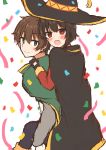  1boy 1girl absurdres black_hair blush brown_hair cape carrying confetti fingerless_gloves gloves green_eyes hat highres kono_subarashii_sekai_ni_shukufuku_wo! looking_at_viewer megumin piggyback red_eyes satou_kazuma white_background witch_hat yuno_(suke_yuno) 