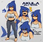  1girl blue_hair blush breasts cleavage closed_eyes d-floe directional_arrow eyebrows_visible_through_hair facing_viewer highres large_breasts long_hair looking_at_viewer muscle muscular_female original parted_lips shark_fin shark_girl shark_tail solo sports_bra teeth yellow_eyes 