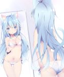  1girl :o ahoge animal_ear_fluff animal_ears ass bangs bare_arms bare_shoulders bikini blue_eyes blue_hair blush breast_lift breasts cat_ears cat_girl cat_tail cleavage collarbone eyebrows_visible_through_hair groin hair_between_eyes kyuukon_(qkonsan) large_breasts long_hair mirror navel original parted_lips reflection side-tie_bikini solo swimsuit tail very_long_hair 