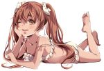  1girl ass barefoot bikini blush brown_eyes brown_hair error eyebrows_visible_through_hair hair_between_eyes hama_(_hama000) kantai_collection libeccio_(kantai_collection) long_hair looking_at_viewer lying on_stomach one_eye_closed open_mouth ribbon simple_background smile solo swimsuit the_pose twintails white_background wrong_feet 