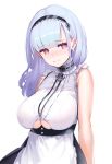  1girl anchor_choker anchor_necklace apron azur_lane bang bangs bare_shoulders black_hairband blunt_bangs breasts center_frills choker closed_mouth collar commentary_request dido_(azur_lane) earrings eating eyebrows_visible_through_hair finger_gun frilled_apron frilled_choker frills hairband heart heart_earrings highres jewelry kiyosato0928 lace-trimmed_hairband large_breasts maid maid_apron maid_dress red_eyes shirt silver_hair sleeveless sleeveless_shirt underboob underboob_cutout waist_apron white_apron 