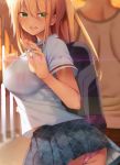  1boy 1girl bag blurry blurry_background blush bra_through_clothes breasts hair_between_eyes highres lens_flare long_hair looking_at_viewer open_mouth original panties pantyshot ryouma_(galley) school_bag school_uniform shirt short_sleeves skirt solo_focus underwear waving 