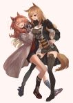  &gt;o&lt; 2girls absurdres angelina_(arknights) animal_ears arknights arm_around_waist asymmetrical_bangs bangs belt black_dress black_footwear black_jacket black_legwear black_shorts blonde_hair blush boots breasts ceobe_(arknights) cross-laced_footwear dog_ears dog_tail dress earpiece fox_ears fox_tail full_body gloves hairband highres jacket long_hair looking_at_another medium_breasts multiple_girls open_mouth orange_hair parted_bangs pink_background red_eyes short_dress short_shorts shorts simple_background smile socks standing sweatdrop tail thigh_boots thighhighs thighs turtleneck wavy_mouth white_gloves white_jacket wingure yuri zettai_ryouiki 