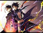  2boys ahoge animal_ears black_hair black_pants cloak copyright_name electricity jewelry long_sleeves multiple_boys navel necklace pants pixiv_fantasia pixiv_fantasia_age_of_starlight pointy_ears ring smirk standing third_eye yellow_eyes 