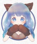  1girl animal_ears ayu_(mog) bangs blue_eyes blue_hair blush_stickers braid breasts bright_pupils brown_gloves cleavage eyebrows_visible_through_hair frame gloves hair_ornament long_hair looking_at_viewer original parted_lips signature solo star star_hair_ornament twin_braids upper_body wolf_ears 