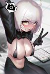  ahoge angry blush bow bowtie breasts cleavage fate/grand_order fate_(series) highres jeanne_d&#039;arc_(alter)_(fate) jeanne_d&#039;arc_(fate)_(all) large_breasts meme_attire micro_bikini_top navel reverse_bunnysuit reverse_outfit self_shot short_hair sungwon v white_hair yellow_eyes 