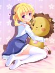  1girl :d bangs bashen_chenyue belt black_belt black_ribbon blonde_hair blue_dress blush cherry_blossom_print collared_shirt commentary_request dress eyebrows_visible_through_hair feet floral_print from_side full_body girlish_number hair_ribbon hair_rings highres holding holding_stuffed_animal long_sleeves looking_at_viewer looking_to_the_side neck_ribbon no_shoes open_mouth purple_eyes ribbon shadow shirt sleeveless sleeveless_dress smile soles solo sonou_momoka stuffed_animal stuffed_lion stuffed_toy thighhighs twintails white_legwear white_shirt 