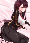  1girl absurdres ass bangs black_gloves black_jacket black_legwear blush breasts chest_strap collared_shirt covered_nipples dress_shirt eyebrows_visible_through_hair from_side frown girls_frontline gloves hair_ribbon highres jacket large_breasts long_hair long_sleeves looking_at_viewer nanohana_linestamp necktie no_pants one_side_up open_clothes open_jacket pantyhose pinstripe_pattern purple_hair red_eyes red_neckwear red_ribbon ribbon shirt solo striped sweatdrop very_long_hair wa2000_(girls_frontline) white_shirt 