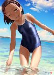  1girl ass_visible_through_thighs bare_arms bare_shoulders blush brown_eyes brown_hair collarbone competition_school_swimsuit covered_navel day hair_ornament hairclip highres looking_at_viewer mu-pyon ocean one-piece_swimsuit one-piece_tan one_eye_closed open_mouth original outdoors school_swimsuit short_hair smile solo swimsuit tan tanline twitter_username wading water water_drop wet 