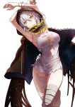  1girl armpits arms_up bandaged_leg bandages breasts bright_pupils cleavage cloak code_vein cropped dress hair_between_eyes highres hood hooded_cloak hoodie io_(code_vein) jewelry large_breasts looking_at_viewer necklace official_art parted_lips pendant short_dress short_hair silver_hair solo white_dress white_pupils wristband yellow_eyes 