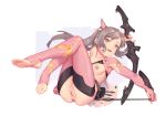  1girl :d anus aqua_eyes arm_up armpit_cutout armpits arrow ass bar_censor barefoot belt bigrbear bottomless bow_(weapon) censored copyright_request feet full_body gloves grey_hair holding holding_arrow holding_bow_(weapon) holding_weapon legs_up long_hair looking_at_viewer lying nipples on_back open_mouth pink_gloves pink_legwear ponytail pussy quiver sidelocks smile soles solo stirrup_legwear thighhighs toeless_legwear toes two-tone_background weapon 