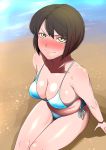  1girl absurdres beach bikini black_hair blush breasts chloe_valens cholesenel cleavage closed_mouth highres looking_at_viewer short_hair solo swimsuit tales_of_(series) tales_of_legendia yellow_eyes 