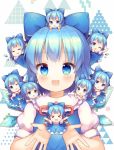  &gt;_&lt; 6+girls :3 :d ;d =_= ahoge blue_eyes blue_hair bow chibi chibi_on_head chibi_on_shoulder cirno closed_eyes eyebrows_visible_through_hair facing_viewer grin hair_bow ice ice_wings looking_at_viewer multiple_girls multiple_persona on_head on_shoulder one_eye_closed open_mouth person_on_head pjrmhm_coa short_hair short_sleeves sleeping smile touhou triangle white_background white_sleeves wings 