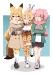  3girls :d ^_^ absurdres animal_ears bag bangs baozi black_footwear black_gloves black_shorts blonde_hair blush brown_coat brown_scarf closed_eyes coat commentary cross-laced_footwear eating elbow_gloves eyebrows_visible_through_hair ezo_red_fox_(kemono_friends) facing_another facing_viewer feeding food fox_ears fox_tail fringe_trim frown gloves green_jacket grocery_bag hand_on_another&#039;s_shoulder high-waist_skirt highres holding holding_bag jacket japari_symbol kemono_friends loafers long_hair miniskirt mouth_hold multiple_girls nana_(kemono_friends) ngetyan open_mouth outline outside_border pink_hair pink_scarf print_gloves print_scarf print_skirt scarf serval_(kemono_friends) serval_ears serval_print serval_tail shirt shoes shopping_bag short_hair shorts side_ponytail skirt sleeveless smile snow standing stone_floor sweatdrop tail thighhighs white_footwear white_outline white_shirt winter_clothes yellow_legwear yellow_scarf yellow_skirt 