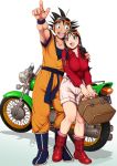  1boy 1girl black_hair boots breasts chi-chi_(dragon_ball) dougi dragon_ball dragon_ball_(classic) harumaki long_hair muscle open_mouth short_hair smile son_gokuu spiked_hair wristband 