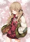  1girl angry bangs black_ribbon blood blood_splatter blunt_bangs blush brown_eyes brown_hair closed_mouth eyebrows_visible_through_hair eyes_visible_through_hair hair_ribbon hand_in_pocket hood hoodie jacket keyhole little_red_riding_hood_(sinoalice) lock long_hair long_sleeves looking_at_viewer open_clothes open_jacket padlock reality_arc_(sinoalice) red_hoodie ribbon sinoalice solo standing teroru wavy_hair 