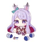  &gt;_&lt; ._. 1girl :d animal_ears bangs blush brown_hair closed_eyes closed_mouth commentary_request ear_ribbon eyebrows_visible_through_hair figure gashapon green_ribbon hitomiz horse_ears jacket long_hair lying mejiro_mcqueen_(umamusume) motion_lines on_stomach purple_eyes purple_hair purple_jacket ribbon short_eyebrows simple_background smile solo thick_eyebrows tokai_teio_(umamusume) track_jacket umamusume white_background xd 