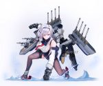  1girl arescr artist_name azur_lane black_legwear blue_eyes blue_skirt breasts cannon closed_mouth commentary determined electricity english_commentary gauntlets highres jacket large_breasts off_shoulder one_knee pantyhose pleated_skirt red_neckwear reno_(azur_lane) rigging rudder_footwear silver_hair skirt solo standing standing_on_liquid torn_clothes torn_legwear v-shaped_eyebrows 