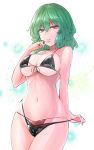  1girl bangs bare_arms bare_shoulders bikini black_bikini breasts commentary_request cowboy_shot eyebrows_visible_through_hair green_hair hair_between_eyes hand_up highres kazami_yuuka large_breasts looking_at_viewer navel parted_lips red_eyes short_hair solo standing stomach swimsuit thighs touhou white_background y2 