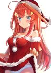  1girl absurdres ahoge bangs blue_eyes blush breasts dress dress_lift fur-trimmed_dress go-toubun_no_hanayome hair_between_eyes hair_ornament hat highres huge_filesize long_hair looking_at_viewer medium_breasts nakano_itsuki no_bra panties pom_pom_(clothes) pout red_dress red_hair red_headwear rei_(ilust9999) santa_costume santa_hat short_sleeves solo star star_hair_ornament strapless strapless_dress underwear very_long_hair white_panties 