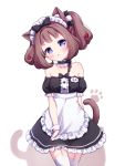  1girl :o animal_ear_fluff animal_ears apron bare_shoulders black_dress blue_eyes blush bow brown_hair cat_ears cat_girl cat_tail choker cuffs dress garter_straps hair_bow head_tilt highres long_hair looking_at_viewer maid maid_headdress original parted_lips puffy_short_sleeves puffy_sleeves ribbon short_sleeves simple_background solo strapless strapless_dress tail thighhighs tokenbox two_side_up white_apron white_background white_legwear 