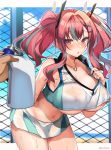  1girl azur_lane bare_shoulders breasts bremerton_(azur_lane) bremerton_(scorching-hot_training)_(azur_lane) chain-link_fence cleavage collarbone collared_shirt commentary_request cowboy_shot crop_top fence grey_hair groin hair_ornament hairclip highres huge_breasts jewelry kurot leaning_forward long_hair looking_at_viewer midriff miniskirt multicolored_hair navel necklace nipples parted_lips pov pov_hands red_eyes red_hair see-through shirt skirt sleeveless sleeveless_shirt solo standing sweat thighs towel twintails two-tone_hair underboob wet wet_clothes wet_shirt white_shirt white_skirt 