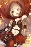  1girl arm_up armband armpits bangs black_gloves blonde_hair blunt_bangs blush breasts cape cleavage elbow_gloves eyebrows_visible_through_hair fire gloves hair_ribbon highres hood hood_up hooded_cape little_red_riding_hood_(sinoalice) long_hair looking_at_viewer navel open_mouth red_cape red_hood red_legwear red_ribbon ribbon sidelocks sinoalice small_breasts solo teroru upper_teeth wavy_hair yellow_eyes 