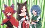  3girls :d animal_ears bamboo bamboo_forest bangs black_hair black_shirt blue_eyes blue_hair bow breasts brooch capelet collarbone commentary_request crossed_arms dress drill_hair eyebrows_visible_through_hair forest frilled_sleeves frills grass_root_youkai_network green_kimono hair_bow head_fins high_collar highres imaizumi_kagerou japanese_clothes jewelry kimono long_hair long_sleeves looking_at_viewer medium_breasts multiple_girls nail_polish nature obi open_mouth purple_bow purple_sash red_capelet red_eyes red_hair red_nails ribbon-trimmed_bow ribbon_trim sash sekibanki shirt short_hair small_breasts smile torinari_(dtvisu) touhou touhou_cannonball upper_body wakasagihime white_dress wide_sleeves wolf_ears 