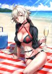  1girl ahoge bangs beach bikini black_bikini black_jacket blush breasts choker cleavage collarbone commentary_request dousunnen eyebrows_visible_through_hair fate/grand_order fate_(series) gloves hair_between_eyes highres holding jacket jeanne_d&#039;arc_(alter_swimsuit_berserker) jeanne_d&#039;arc_(fate)_(all) large_breasts long_hair looking_at_viewer o-ring o-ring_bikini ocean outdoors shrug_(clothing) silver_hair sitting solo swimsuit very_long_hair wet yellow_eyes 