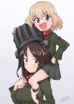  1girl artist_name bangs black_hair black_headwear black_legwear black_skirt blonde_hair blue_eyes carrying closed_mouth commentary dated eyebrows_visible_through_hair fang fanta_(the_banana_pistols) girls_und_panzer green_jacket grey_background hand_on_hip headwear_removed helmet helmet_removed highres insignia jacket katyusha_(girls_und_panzer) long_hair long_sleeves looking_at_viewer miniskirt nonna_(girls_und_panzer) pleated_skirt pravda_school_uniform red_shirt school_uniform shirt short_hair shoulder_carry signature simple_background skirt smirk socks solo standing swept_bangs tank_helmet turtleneck 