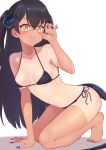  &gt;:) 1girl absurdres all_fours bare_arms bare_shoulders barefoot bikini black_bikini black_hair blue_nails blush breasts claw_pose cleavage closed_mouth collarbone demon_girl demon_horns demon_tail fang fang_out fingernails full_body highres horns karu_(ricardo_2628) long_fingernails long_hair long_toenails navel one-piece_tan original sharp_fingernails sharp_toenails side-tie_bikini simple_background slit_pupils small_breasts smile solo straight_hair swimsuit tail tan tanline toenail_polish toenails two_side_up very_long_hair white_background yellow_eyes 