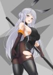  1girl absurdres animal_ears arknights ass bangs bare_shoulders belt black_belt black_legwear black_shirt blush breasts brown_gloves brown_legwear bunny_ears chinese_commentary commentary_request cowboy_shot elbow_gloves gloves grey_background grey_eyes grey_skirt highres holding large_breasts lazgear long_hair looking_at_viewer miniskirt open_mouth pantyhose pencil_skirt savage_(arknights) shirt side_slit sideboob silver_hair skindentation skirt sleeveless sleeveless_shirt solo standing thighband_pantyhose thighhighs thighs torn_clothes torn_legwear very_long_hair 