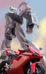 av-98_ingram cloud commentary commentary_request engine ground_vehicle highres k-kat kidou_keisatsu_patlabor lights machinery mecha motor_vehicle motorcycle no_humans police police_badge realistic science_fiction shield 
