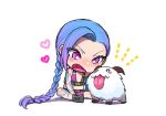  1girl arm_tattoo belt belt_buckle black_eyes black_footwear blue_hair blush blush_stickers braid buckle gradient gradient_hair heart jinx_(league_of_legends) league_of_legends leg_tattoo long_hair looking_at_another multicolored_hair nose_blush open_mouth petting poro_(league_of_legends) purple_eyes purple_hair simple_background sitting standing tattoo tongue tongue_out twintails white_background wosashimi 