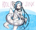  1girl afloat arm_tattoo arm_up blue_hair blush braid collarbone frilled_swimsuit frills highres holding holding_water_gun innertube jinx_(league_of_legends) league_of_legends leg_tattoo long_hair lower_teeth navel open_mouth partially_submerged pink_eyes sketch solo swimsuit tattoo teeth transparent twintails very_long_hair water water_gun wosashimi 