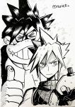  &gt;_&lt; 2boys closed_mouth cloud_strife donkey_kong donkey_kong_country final_fantasy final_fantasy_vii glint gorilla greyscale grin highres looking_at_viewer monochrome multiple_boys pointy_hair rariatto_(ganguri) smile thumbs_up twitter_username 