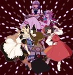  6+girls apron between_fingers book broom cirno danmaku detached_sleeves full_body hakurei_reimu hand_on_hip hong_meiling izayoi_sakuya joniko1110 kirisame_marisa knife multiple_girls no_shoes open_book patchouli_knowledge rumia socks the_embodiment_of_scarlet_devil touhou 