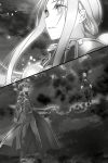  1girl 2boys abec alice_schuberg cape cloud cloudy_sky fingerless_gloves floating_hair flying full_body gloves greyscale highres kirito long_hair monochrome monster multiple_boys novel_illustration official_art pants parted_lips shirt sidelocks sky split_screen subtilizer_(sao) sword_art_online 